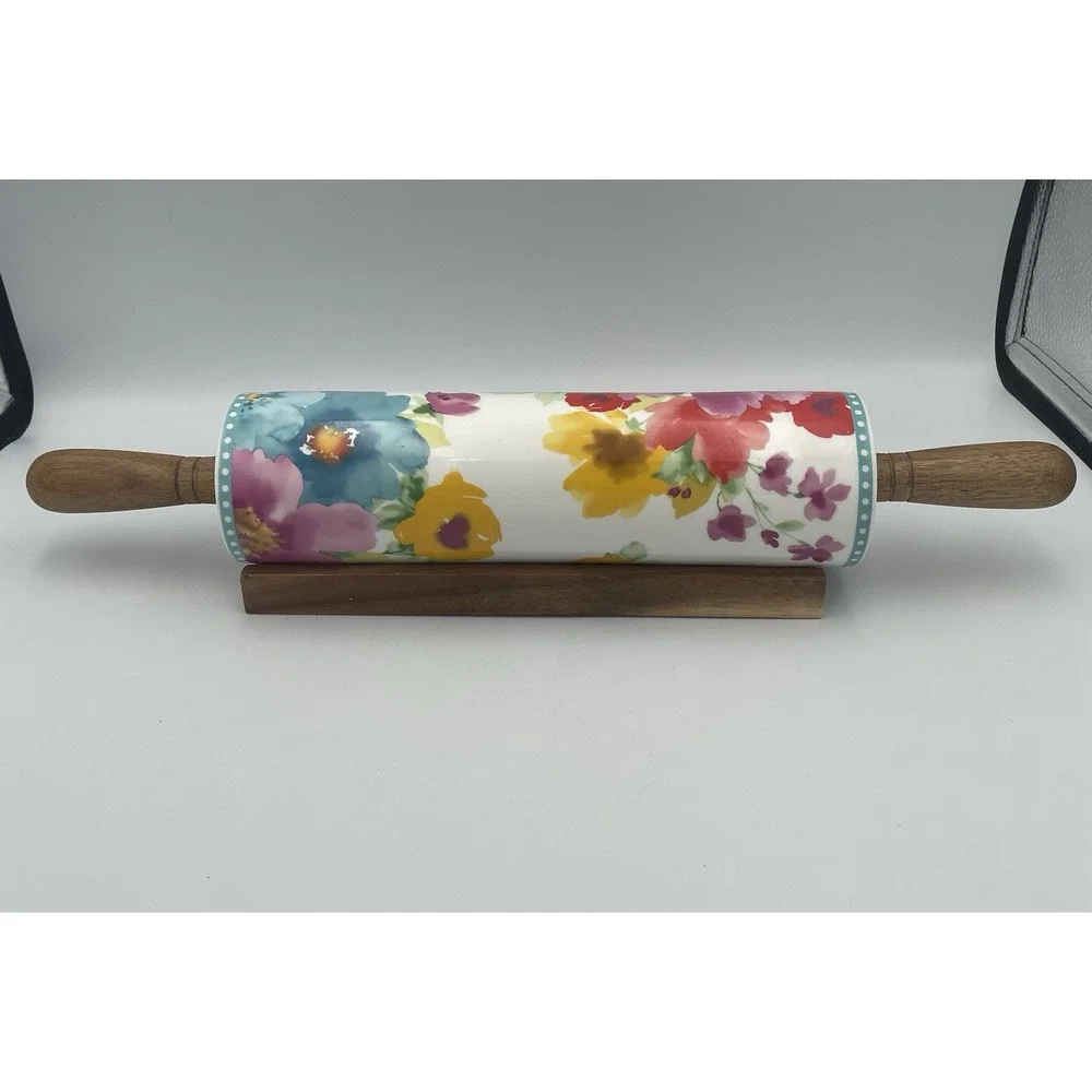 Pioneer Woman Breezy Blossom Ceramic Rolling Pin with Wood Stand Retired